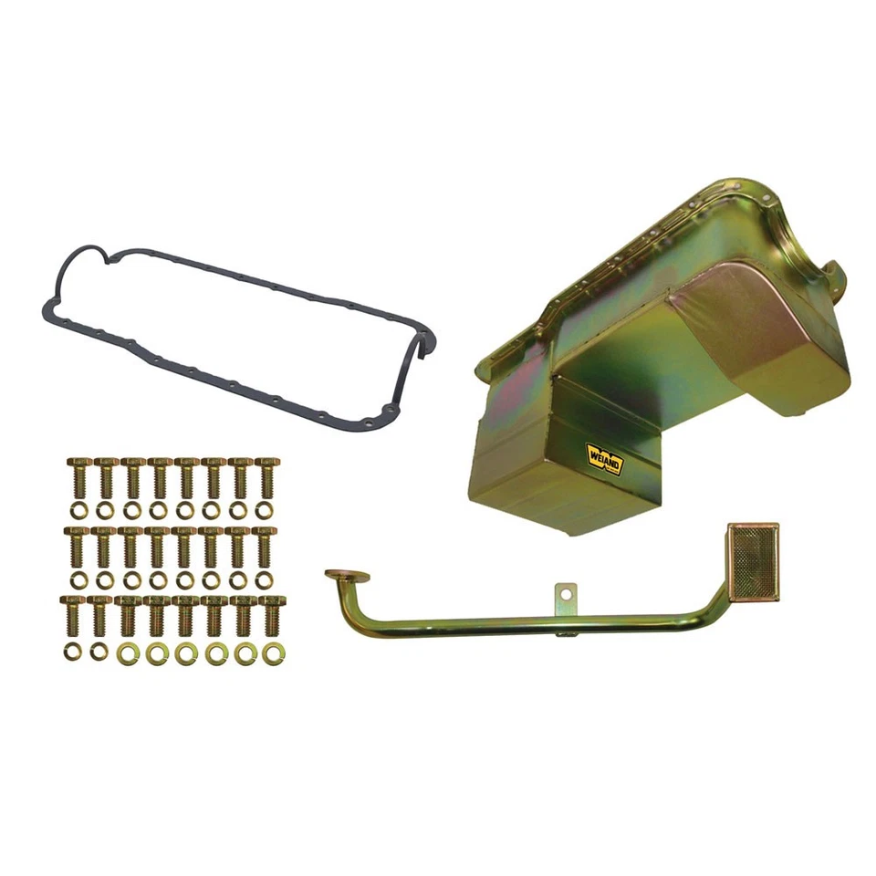 Weiand 5041WND Oil Pan; Fabricated 7 Quarts Gold Zinc for Ford Mustang 302 SBF - Image 1 of 1