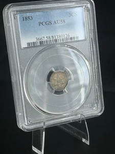 TONED 1853 3 CENT SILVER TRIME PCGS AU58 (RAINBOW TONING)! - Picture 1 of 5