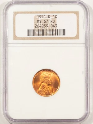 1951-D LINCOLN CENT - NGC MS-67 RD, SUPERB RED! - Image 1 of 3