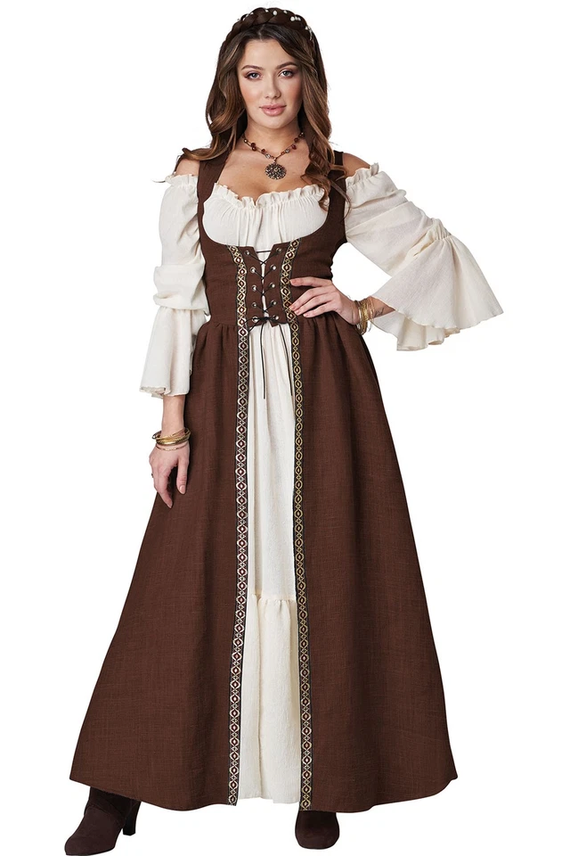 Medieval Women Overdress Costume Brown Lace Up Bodice Lapel Halloween 5020 035 - Image 1 of 1
