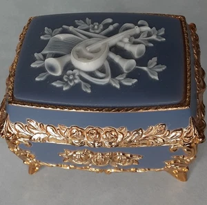 Vintage Sankyo Kamee Musik Schmuckschatulle Japan Blau Gold - Bild 1 von 7