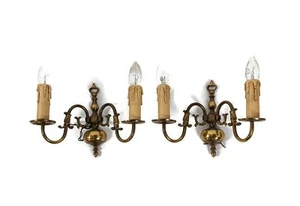 modernist Couple Pair Brass Two-Arm Double Wall Mount Sconces lights Flemish Du - Picture 1 of 9