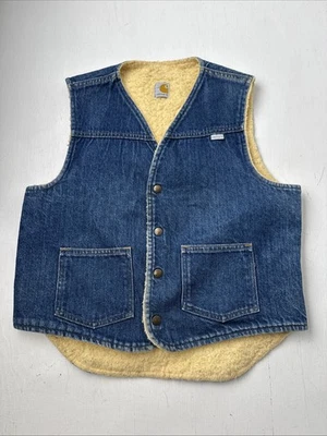 Chaleco vaquero de mezclilla Carhartt vintage de los 80 para hombre pequeño forrado de sherpa ropa de trabajo botón Foto 1 de 4