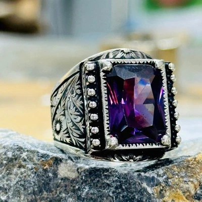 Anillo turco hecho a mano de amatista grabada en plata para hombre Foto 1 de 4
