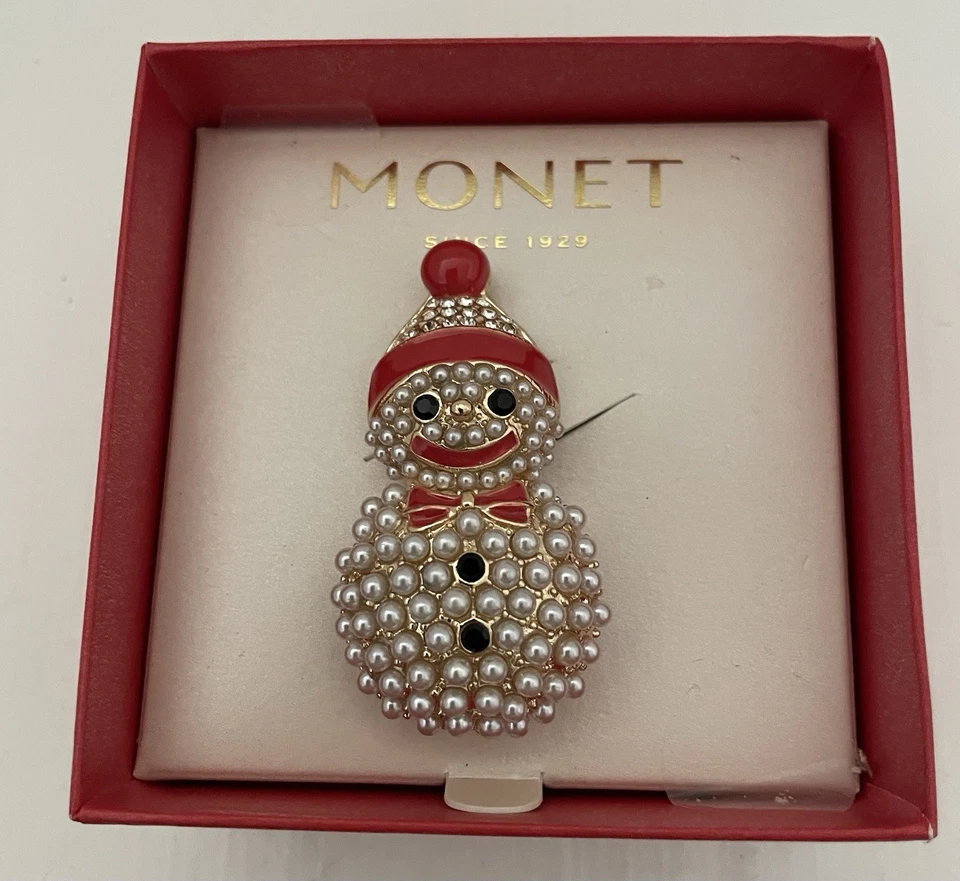 Monet Christmas Snowman Brooch Pin Pearls Enamel on Gold Tone 2" Tall NEW - Image 1 of 1