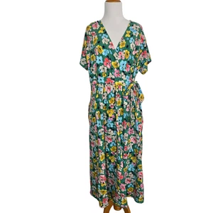 Joules RIley Print Dress Faux Wrap Green Floral Tie Waist Cotton Women 14 - Picture 1 of 13