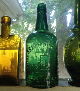 EMPIRE WATER LETTER E QUART SARATOGA MINERAL WATER BOTTLE 1870s DEEP TEAL GREEN - Picture 1 of 12