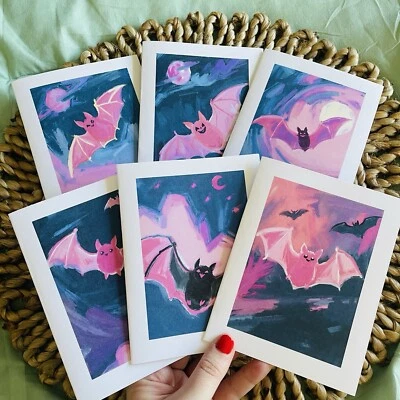 CRYPTIC PAPER CO Set of 6 Halloween Bat Greeting Cards with Envelopes, Girlie Halloween Cards