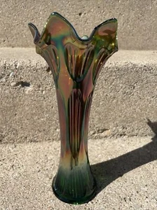 Fenton Diamond and Rib Iridescent Green Carnival Glass Vase - Picture 1 of 7