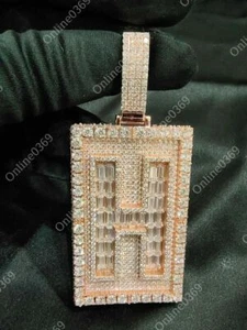 Silver Rose Gold Plated Men's Round Baguette Cubic Zirconia Initial Name Pendant - Picture 1 of 11