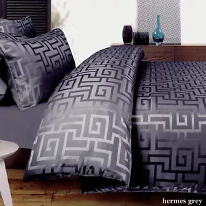 GREEK KEY Double Queen Super King Quilt Cover Set Charcoal Grey Doona Duvet Set - Picture 1 of 7