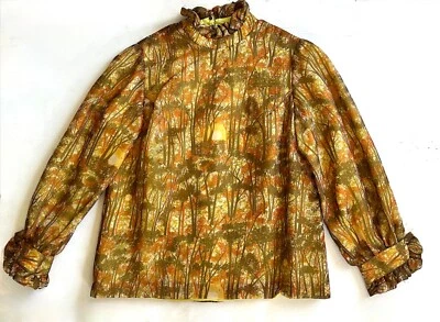 VINTAGE Silk Blouse 1960s Custom Made Women's Top Forest Sunset Print Fabric - Image 1 of 4