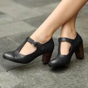 Women's Pumps Retro T-Strap Buckle Mary Jane Shoes Round Toe Mid Chunky Heels - Picture 1 of 12