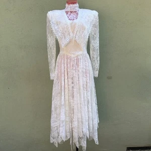 Jessica McClintock Lace Long Sleeve Dress Vintage Retro 80s Off White Long S M - Picture 1 of 14