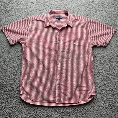 Austin Reed London 纽扣衬衫男式 L 泡泡纱红色条纹短袖 — 第 1/4 张图片