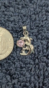 925 Sterling Silver Swimming Double Dolphin Pink Rhinestone Pendant - Picture 1 of 5