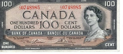 Bank of Canada 1954 $100 Hundred Dollars Lawson-Bouey C/J Prefix VF+ - Image 1 of 2