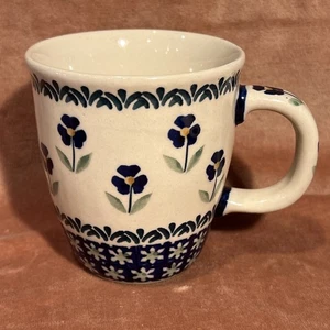 Boleslawiec Polish Pottery Mug Daisy Blue Flower Pattern 10 oz Blue Beige - Picture 1 of 10