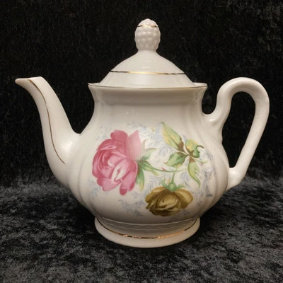 Tetera rosas rosadas y doradas con adornos dorados vintage 6 pulgadas hecha en Japón tetera Foto 1 de 4