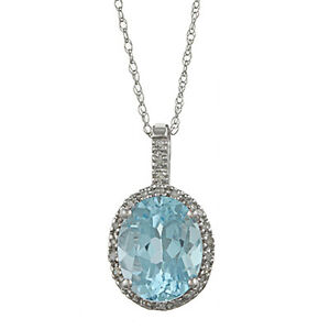 White Gold Oval Blue Topaz and Diamond Pendant Necklace