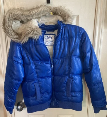 Chaqueta forrada hinchada Justice Blue Puffer talla 16 con capucha de piel extraíble Foto 1 de 4