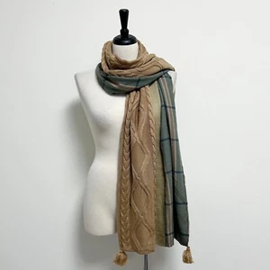 J Jill Camel Green Cable Knit Woven Plaid Tassel Oblong Rectangle Winter Scarf - Picture 1 of 11