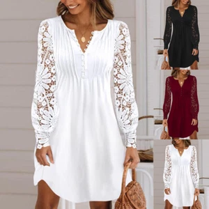 Womens Lace Mini Shirt Dress Ladies Button Long Sleeve Work Office Party Dresses - Picture 1 of 15