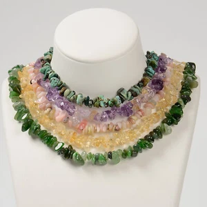 02-Mixed Gemstones Chips Size 6-8mm Beaded Necklace 16''-17.5" Length Adjustable - Picture 1 of 10