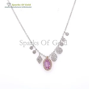 14k White Gold Pink Sapphire & Diamond Necklace Minimalist Jewelry Birthday Gift - Picture 1 of 2