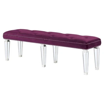 ACME Varian Armless Tufted Velvet Bench in Burgundy and Mirrored - Image 1 of 4