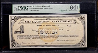 1933 NORTH DAKOTA Bismarck, Depression-Era Self Liquidating Tax Certificate, PMG - Image 1 of 4