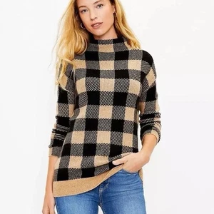 Loft Buffalo Plaid Mock Neck High Pile Tunic Sweater Women Med Tan/black - Picture 1 of 5