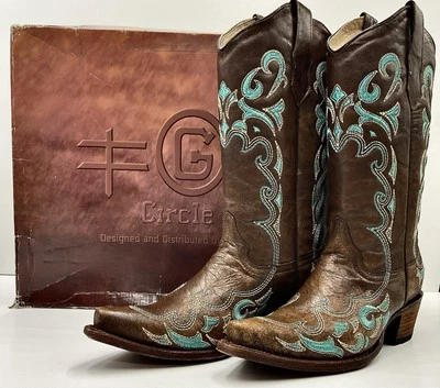 90s Circle G Brown Leather Turquoise  Embroidered Snip Toe Cowgirl Boots Sz9 NIB - Image 1 of 4