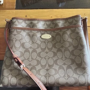 Coach Signature Brown & Tan Leather Crossbody Purse. - Picture 1 of 14