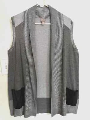 Chicos Womens Sweater 2 L 12 Cardigan Gray Black Open Front Sleeveless Pockets - Image 1 of 4