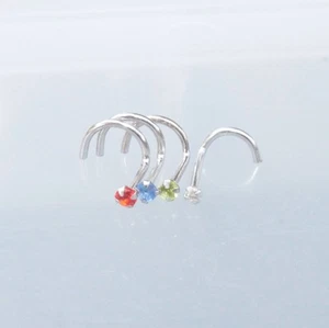 20g 14kt white gold nostril screw sapphire light siam peridot CZ nose ring - Picture 1 of 5
