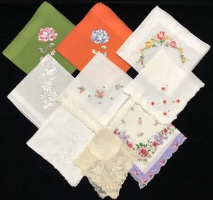 Vintage Hankies Lot of 9 Multi-color Floral, Heart & Embroidery Designs (RF1049) - Picture 1 of 11