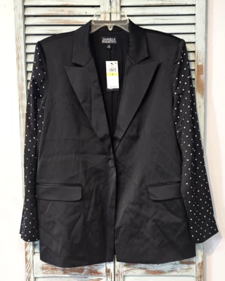 DANIELLE BERNSTEIN PARTY BLAZER Womens M Black Satin Rhinestone Sleeves BNWT - Image 1 of 4