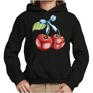Cute Retro Watercolor Cherries With Stem Bow Youth Hooded Sweatshirt Boy or Girl - Picture 1 of 7