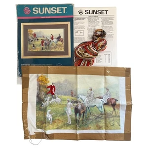 Started Sunset Designs Crewel Fox Hunting #11051 Vintage 1989 Horses Dogs READ - Picture 1 of 8