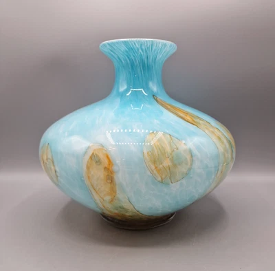 Vintage Colorful Abstract Aqua And Amber Glass Decorative Art Vase 7.75" Tall - Image 1 of 4