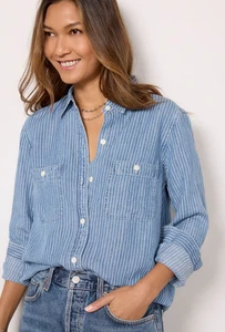 Faherty Linen Blend Button Up Shirt Womens Medium Blue Striped Long Sleeve - Picture 1 of 12