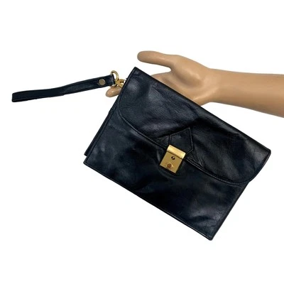 Vintage Men's Black Leather Organizer Bag Wrist Hand LUXE | 9 x 6.25" - Image 1 of 4