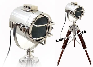 Marine Industrial Style Spotlight Table Lamp Brown Wooden Tripod Home Decor - Picture 1 of 1