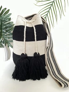 Classic Black & White Handwoven Crossbody Bag -Trendy Boho Oversized Bucket Bag - Picture 1 of 11