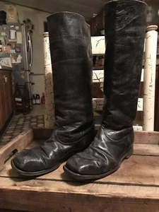 Antique Military Pair Leather Black Boot Riding 16” Knee High 10.5 Inch - Picture 1 of 12