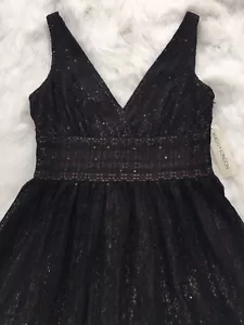 NWT Maggie London Sz 10 Black Nude Dress Cocktail Party V Neck Sleeveless A Line - Picture 1 of 10