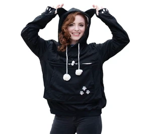Sudaderas con capucha para mujer 3X negras soporte para mascotas gato perro bolsa grande portador bolsillo pulóver - Imagen 1 de 14