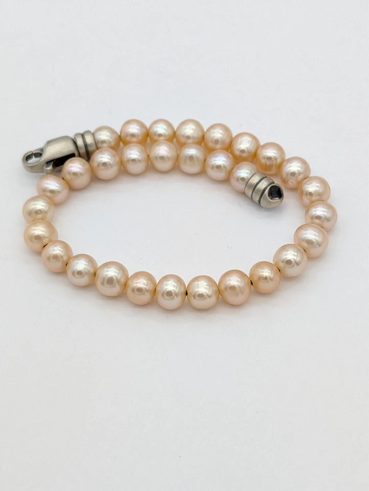Men’s Pink Pearl Bead Bracelet Sterling Silver Handmade Spiritual Jewelry - Image 1 of 4
