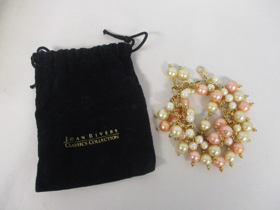 SIGNED JOAN RIVERS PEACH & IVORY PEARL DANGLE CHAIN LINK BRACELET - Image 1 of 4